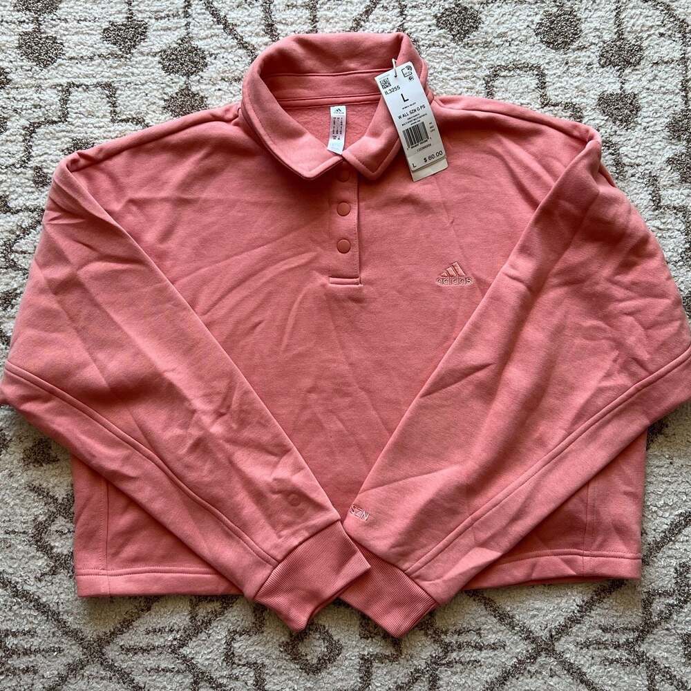 adidas Women's ALL SZN Fleece Graphic Polo Sweatshirt in Wonder Clay